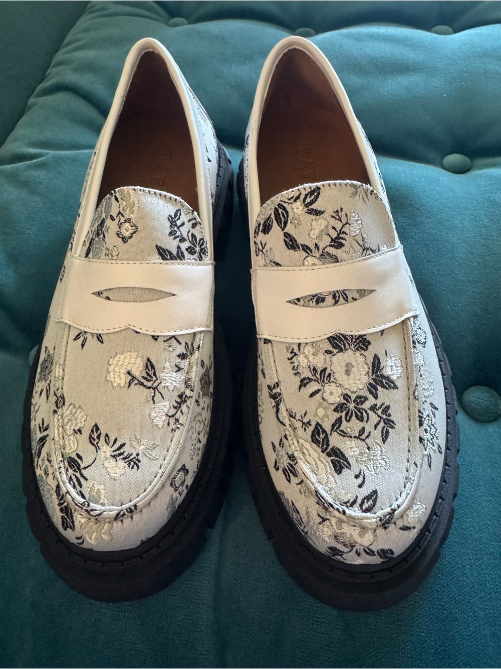 Men's Floral Embroidered White Penny Loafers